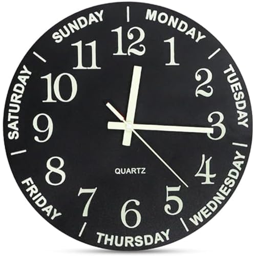 Felvoro Weekday Wall Clock 12inches Black Wall Clock Silent No Tick Luminous Hands Numbers Retirement Elderly Wooden Wall Clock