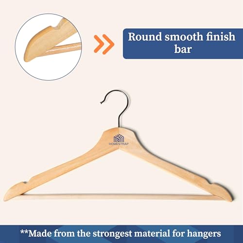 Image of Homestrap Premium Round Bar Wooden Hanger (Pack of 10)| Durable Wooden Garment Hangers with Cut Notches & 360 Degree Swivel Chrome Hook for Hanging Heavy Clothes