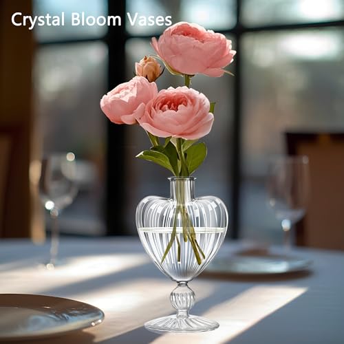 Image of Flameless Taper Candle with Vintage Glass Candle Holder, Set of 2, Wedding Dating Party Table Decor Centerpiece, Heart Shaped, Clear