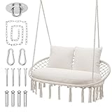 MoNiBloom Double Swing Chair with 3 Cushions for Outside, Large Hanging Macrame Swing Chair for Indoor/Outdoor Relax, Adult Hammock Boho Chair Max 700 lbs Capacity for Porch Balcony Backyard, Beige