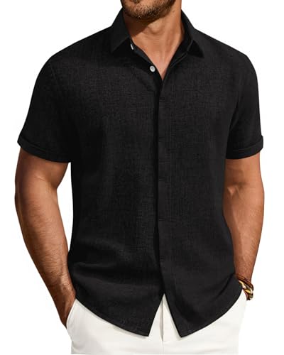Black Linen Shirt Short Sleeve Button Down Casual Summer Beach Wedding L