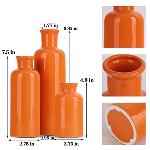 Image of Ceramic Vase Set - 3 Orange Small Vases, Farmhouse Country Flower Vase Home Decor, Living Room Decoration, Table Decoration, Fireplace Decor, and Entrance Decorations Centerpieces