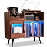 MULEJYBO Large Record Player Stand with Sliding Door,350 Vinyl Record Storage Cabinet, Record Player Table with Power Outlet and LED Light,Turntable Stand with Wood Legs for Living Room,Office