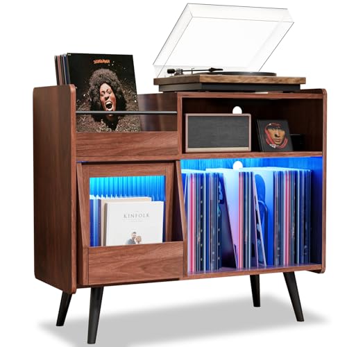 Large Record Player Stand with Sliding Door,350 Vinyl Record Storage Cabinet, Record Player Table...