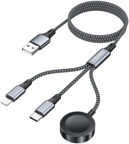 RAVIAD 3 in 1 Ladekabel für Apple Watch 1.2M, USB A auf Multi Ladekabel | mit Apple Watch Ladegerät, USB C, Lightning Kompatibel mit iWatch Ultra/SE/11/10/9/8/7/6, iPhone 17/16/15/