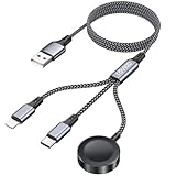 【Large Compatibilité : 】Ce 3 en 1 Câble Universel intègre un port de charge pour Apple Watch, USB C et Lightning, vous permettant de charger trois appareils simultanément avec un seul câble. Il est compatible avec les appareils suivants : Apple Watch Ultra, Series 11/10/9/8/7/6/5/4/3/2/1, SE ; iPhone 14/13/12/Pro/Max, iPad ; iPhone 17/17 Pro/17 Plus/17 Pro Max/16/16 Pro/16 Plus/16 Pro Max/15/15 Pro/15 Plus/15 Pro Max ; Galaxy S25/S24/S23/S22/S21/S20+. Remarque : le transfert de données n'est pas pris en charge.