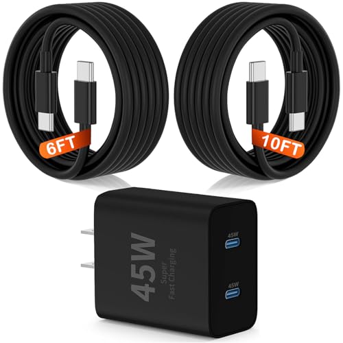 45W Dual Type C Charger Fast Charging for Samsung,PD 3.0 GaN Super Fast Android Phone Charger Block with Long USB C Cable 10FT/6FT for Galaxy S25/S25 Ultra/S25+/S24+/S23/S22/for iPhone 17/16/15 Series - image 1