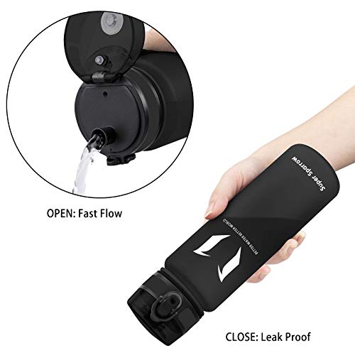 Super Sparrow Sports Water Bottle - Eco Friendly & BPA-Free Plastic - Fast Water Flow, Flip Top, Opens with 1-Click - Reusable with Leak-Proof Lid (Black, 350ml-12oz)