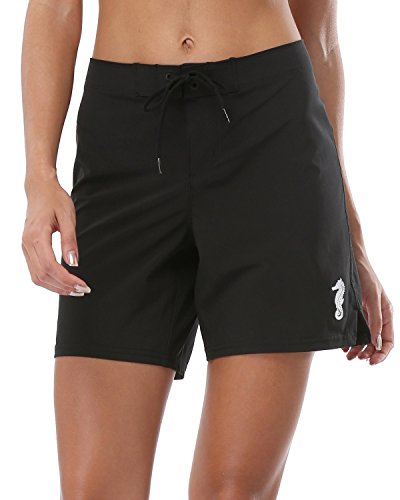 ALove High Waisted Swim Shorts for Women Solid Quick Dry Board Shorts Swim Bottom Large Black
