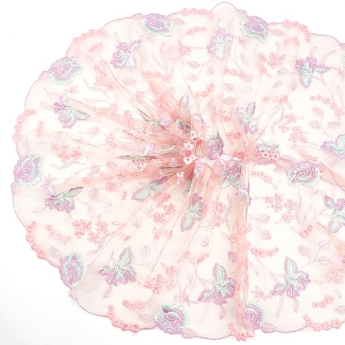 CABODYALS Tela de Encaje de Malla Bordada Rosa de 1.83 m Y 22cm con Flores 3D de Colores, Tul Transparente, Gasa de Poliéster Floral Vintage para Coser, Decoración Del Hogar, Bodas, Accesorios de Ropa