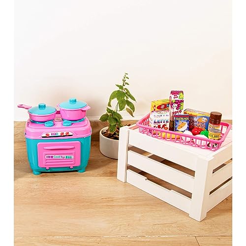 Kit Fogãozinho com 2 Panelas Rosa Cozinha de Brinquedo Menina + Mini Mini Mercado c/Comidinhas e Ces