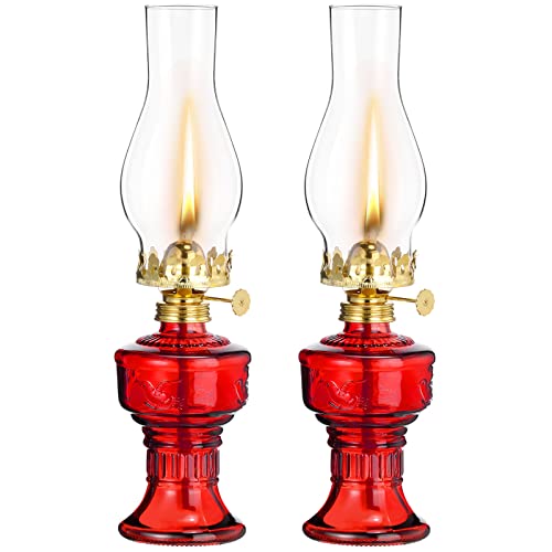 Image of 2 Pcs Chamber Oil Lamps for Indoor Use Vintage Kerosene Lamp Rustic Hurricane Kerosene Lantern with Adjustable Fire Wick Lighting Oil Lantern for Home Emergency Lighting, 13'' High(Red)