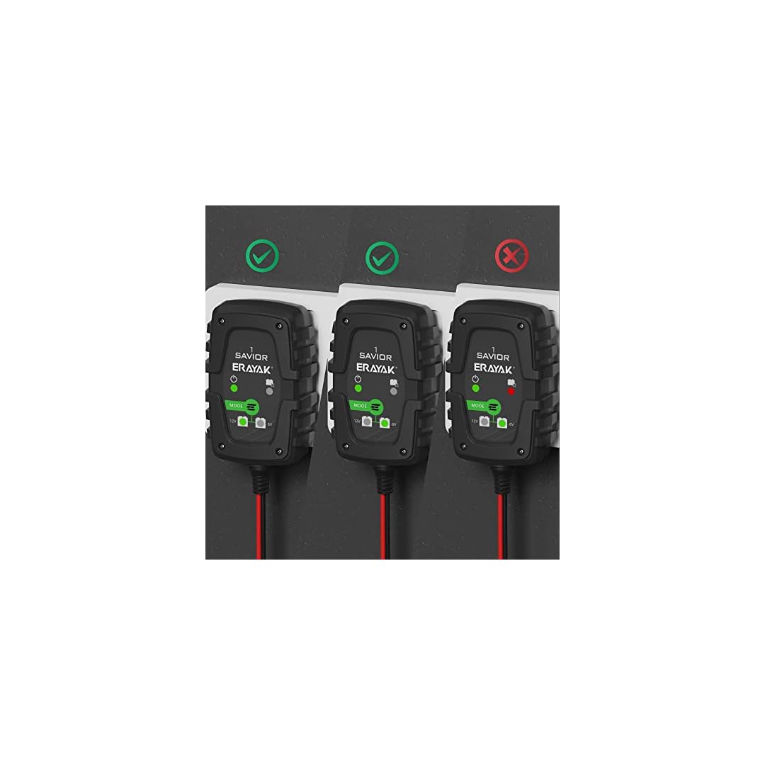 ERAYAK Savior 1, 1-Amp Fully-Automatic Smart Charger and Maintainer, 6V and 12V Battery Charger, Trickle Charger and…