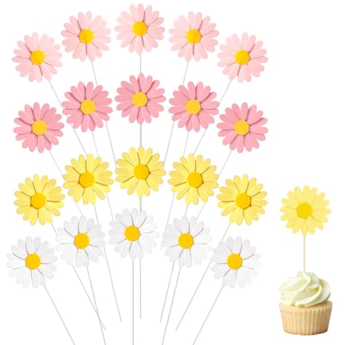 OUDQFCJ 20 Pezzi Daisy Cupcake Topper Decorazioni Torta Multicolore Fiori per Torte Happy Birthday Matrimonio Rosa Chiaro Rosa Bianco Giallo