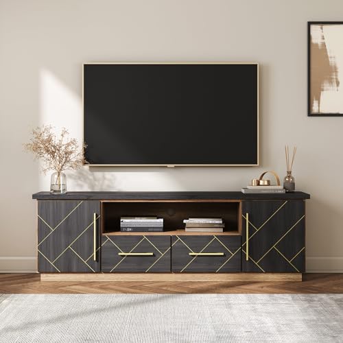 BELLEZE 70 Inch Modern TV Stand with Gold Trim, Elegant Entertainment Center with Storage, Media Console Table with Drawers & Open Shelves for Living