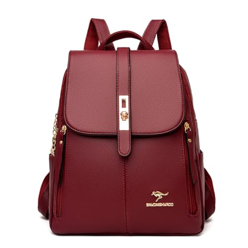 Mochila Feminina de Couro PU Antifurto Moda Simples Mochila Pequena Impermeável Vintage E Versátil Casual Bolsa Viagem Multiuso MT625 (Vermelho)