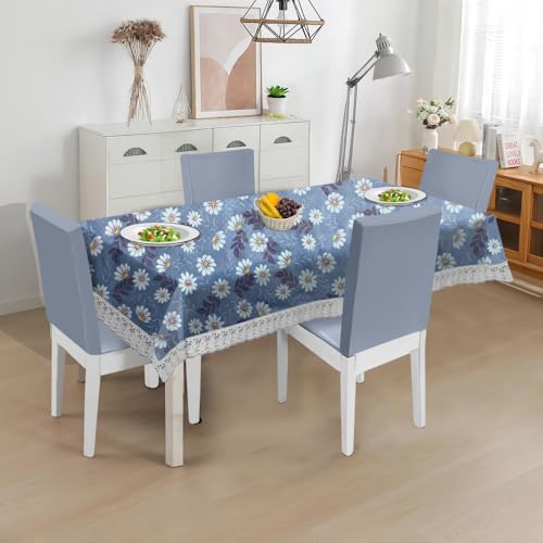 Image of The Furnishing Tree Waterproof PVC Rectangle Shaped 10 Seater Table Cover WxL 60x120 inches Floral Pattern Blueish Grey with White Border lace