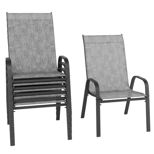 Image of Betterhood Patio Chairs Set of 6, Stackable Outdoor Dining Chairs Set with Breathable Seat Fabric, All-Weather Powder-Coated Metal Frame for Pool Side, Backyard, 350LBS Capacity (Light Grey, Set of 6)
