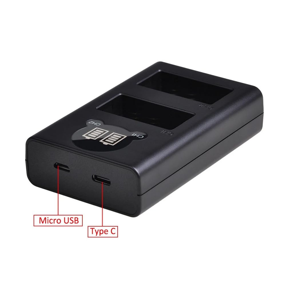 3in1 Set: 2X Akku 1250mAh + Micro-USB Typ-C Doppel Akku Dual LCD Schnell-Ladegerät für 2 Akkus für Panasonic DMW-BLC12, Leica BP-DC12, Sigma BP-51