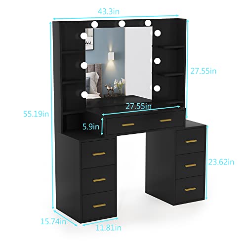 Pakasept Vanity Set With Lighted Mirror, 43'' Makeup Vanity With Charging Station, Vanity Desk With 9Pcs Led Bulb, Storage Shelves, 7 Drawers For Bedroom(No Stool) #TOP6