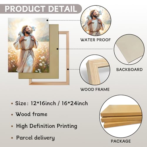 Jesus Canvas Wall Art Print – Christian Wall Decor Poster Painting of Jesus Carrying the Lamb, Inspirational Religious Decor for Living Room, Church or Prayer Room – 16"x24" Framed by AKWISH - Used condition - Image 5