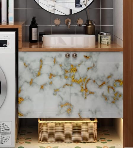 Image of VOLITO Self Adhesive Marble Wallpaper Kitchen Wallpaper Oil Proof & Waterproof Wallpaper for Cabinet Makeover, Almirah, Plastic & Tabletop, Wardrobe (60x200cm) (V-New Gold White)