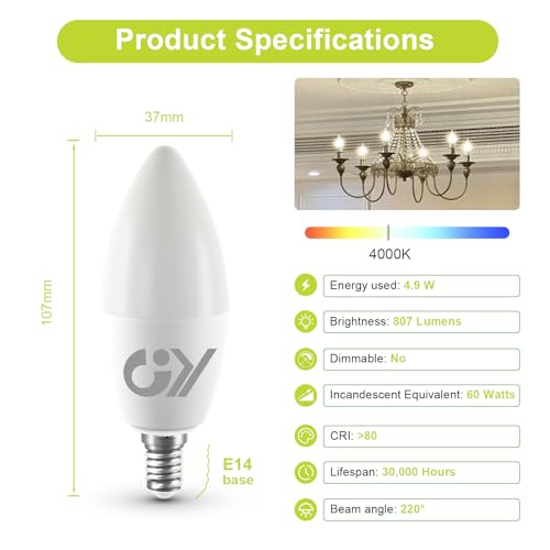 GY E14 LED Bulb Small Edison Screw SES Candle Energy Efficiency Bulb, 4000K Neutral White 4.9W 807 Lumens, Equivalent to 60W, 280° Beam Angle Non-Dimmable, Pack of 12