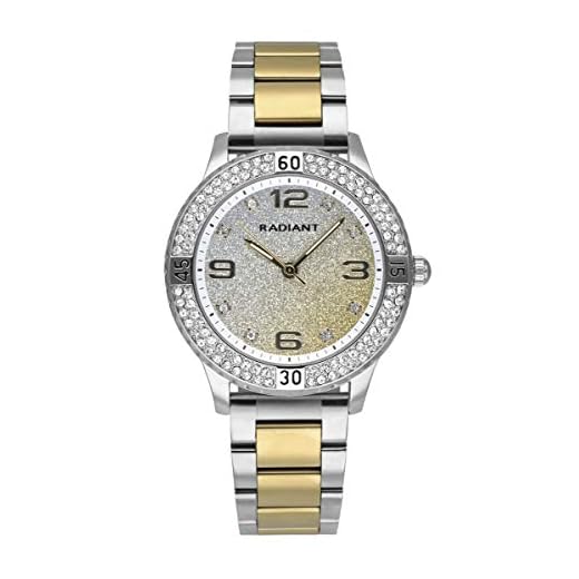 Radiant Reloj analógico para Mujer Colección Frozen. Reloj Bicolor Dorado y Plateado con Brazalete y Esfera Dorada y Plata con Glitter. Bisel con pedrería. 3ATM. 38mm.