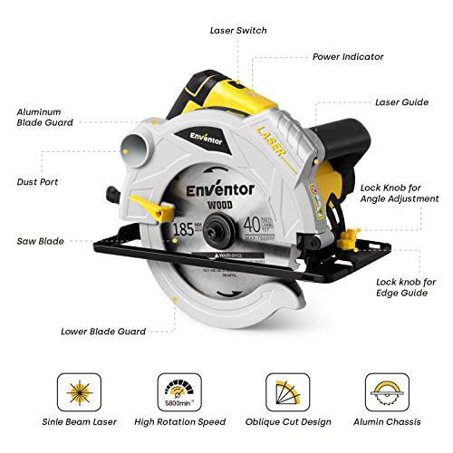 ENVENTOR Electric Circular Saw, Corded 12A Skill Saw 7-1/4-Inch with Laser Guide, 5500 RPM 1500W, Single Handed Bevel, 2 Blade Saws for Wood, Adjustable Cutting Depth 2-9/16"(90°), 1-3/16"(45°) - Thumbnail 3