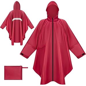 BTNEEU Regenponcho Damen Regencape Wasserdicht mit Reißverschluss Rain Poncho Festival Wiederverwendbar Regenmantel mit Kapuze und Ärmeln Regenjacke Fahrrad Lang für Wandern Camping Draussen (Rot)