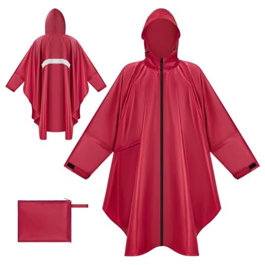BTNEEU Regenponcho Damen Regencape Wasserdicht mit Reißverschluss Rain Poncho Festival Wiederverwendbar Regenmantel mit Kapuze und Ärmeln Regenjacke Fahrrad Lang für Wandern Camping Draussen (Rot)