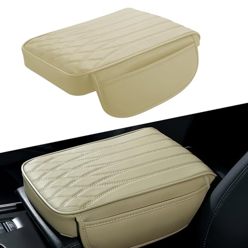 getfay 1 Pack Car Armrest Cover with Pocket, Waterproof Durable Vehicle Center Console Protector, Universal 12.59In x 8.66In x 1.96In Soft Automotive Armrest Decoration for Truck SUV Car (Beige)
