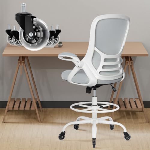 Image of HYLONE Drafting Chair Tall Office, Ergonomic Standing Desk Stool Adjustable Drafting Chair Big Tall Drafting Office Chair White