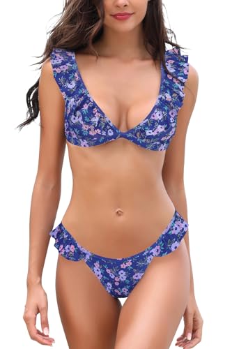 SHEKINI Costume da Bagno Donna Sexy V Profonda Bikini Beachwear Ruffles Flounce Regolabile Costumi da Bagno Due Pezzi Mare e Piscina(XS, Blu Porpora)