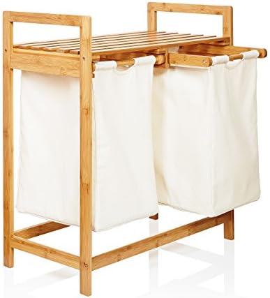 Lumaland Bamboo Laundry Basket with 2 extendable laundry bags | Size approx. 73 cm height x 64 cm width x 33 cm depth, Colour: Blue