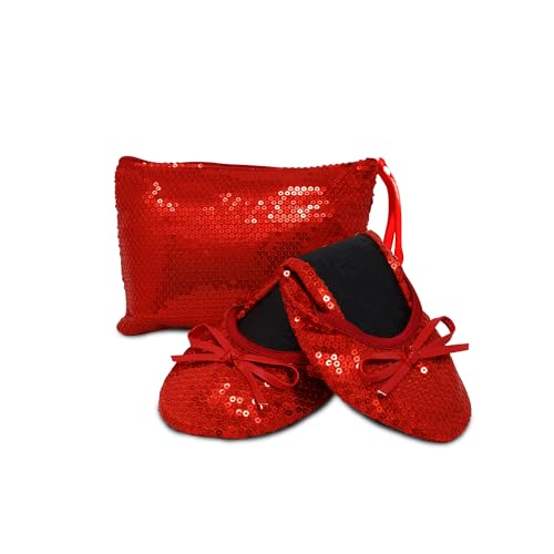 Silky Toes Foldable Flats for Women – Portable Ballet Shoes for Weddings, Parties, Events, Travel – Compact Purse Slippers (Large, Red Sequins)