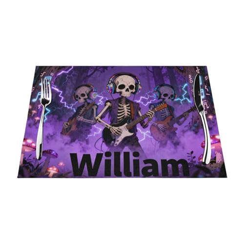 Personalized Skeleton Rock Band Place Mats - Custom Name Cool Music Theme Table Mats, Heat Resistant Washable for Dining Room