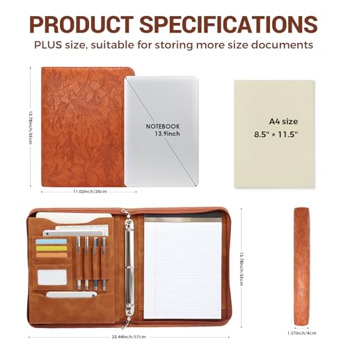 FORTAVEM Embossed Faux Leather Zippered Padfolio with 3 Ring Binder, Executive Portfolio Organizer Binder for Women, Fits 13.9" Laptop/Tablet, Refillable Writing Pad Pocket, Brown by FORTAVEM - Image 3