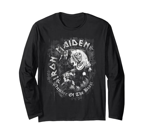 Iron Maiden Number of the Beast Greyscale Long Sleeve T-Shirt, Adult Unisex, Black, XX-Large