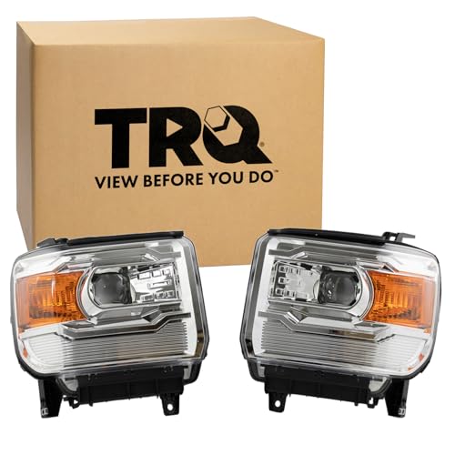 Image of TRQ 2 Piece Headlight Assembly Set without LED Running Lights Driver & Passenger Side Compatible with 2014-2015 Sierra 1500 2015-2019 Sierra 2500 HD, 3500 HD GM2502394