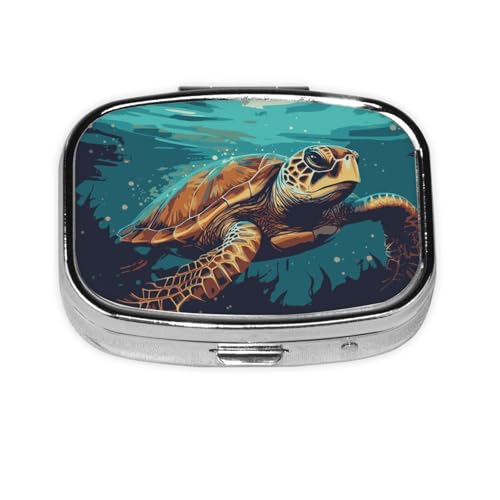 Salelf Green Turtle in Sea Water Pill Box 2 Compartment Medicine Pill Case Portable Metal Pill Organizer Vitamin Travel Case Pill Holder for Purses