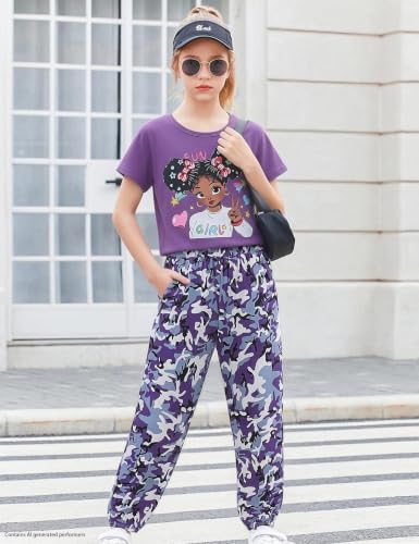 Image of mksodop Girls Outfit Set Graphic T Shirt and Camo Jogger Pants Cute Casual Clothes for Girls 5-16 Years