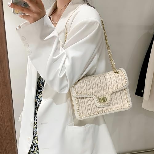 Straw Crossbody Bag for Women, Cute Woven Shoulder Bag with Pearl Trim Small Cross Body Purse Handbag Spring Summer Trendy3