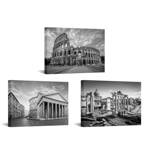 SkenoArt Modern 3 Panels Black and White Wall Art Rome Buildings Landscape Pictures Paintings Architectures Canvas Prints Ready to Hang for Bedroom Home Office Decorations