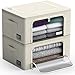Sorbus Storage Bins Boxes, Foldable Stackable Container Organizer Basket Set with Large Clear Window & Carry Handles, for Bedding, Linen, Clothes (Beige)