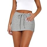 Goafuliy Gray Womens Mini Skorts - Sexy Mid-Waisted Fitted Drawstring Y2k Bodycon Mini Skirt with Slit Sweat Skort Grey XS
