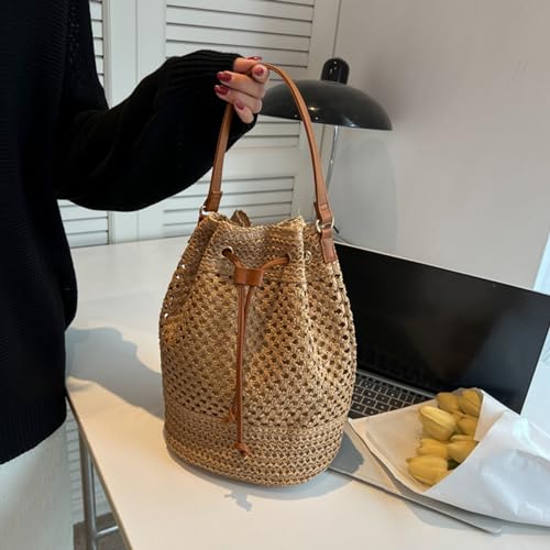Shoulder Bag, Woven Handbag Women Summer Beach Bag Crochet Handbag Ladies Straw Bag for Holiday Travel Essentials Khaki4