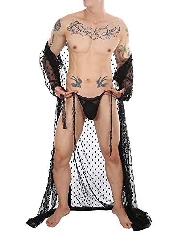 Fldy Men Mesh Robe With G-String Long Sleeve Kimono Polka Dots Bathrobe Sissy Night Robe Pjs Set Black Medium #TOP1