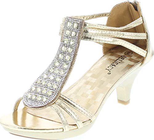 Delicacy Angie-27 Women's Patent Open Toe Rhinestone Beads D'orsay Zip Closure Kitten Heel Dance Shoes,Gold,6