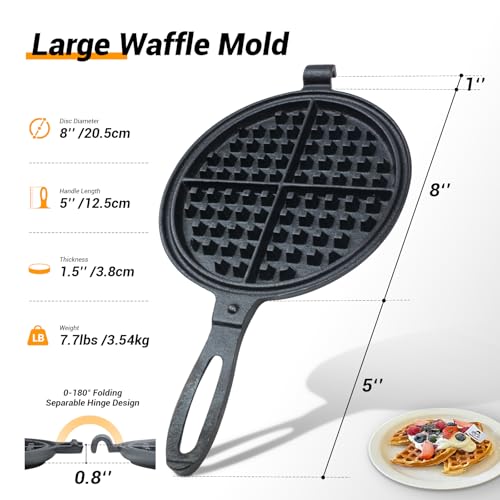 Professional 8-inch Cast Iron Waffle Maker Stove Top | 8 lbs Thickened Body, Quick Heating, Non-Coated Surface | Rustic Round Cast Iron Waffle Iron